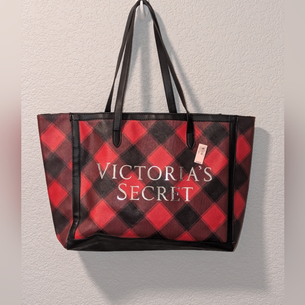 Victoria's Secret Red and Black Checkered Tote Bag NWT